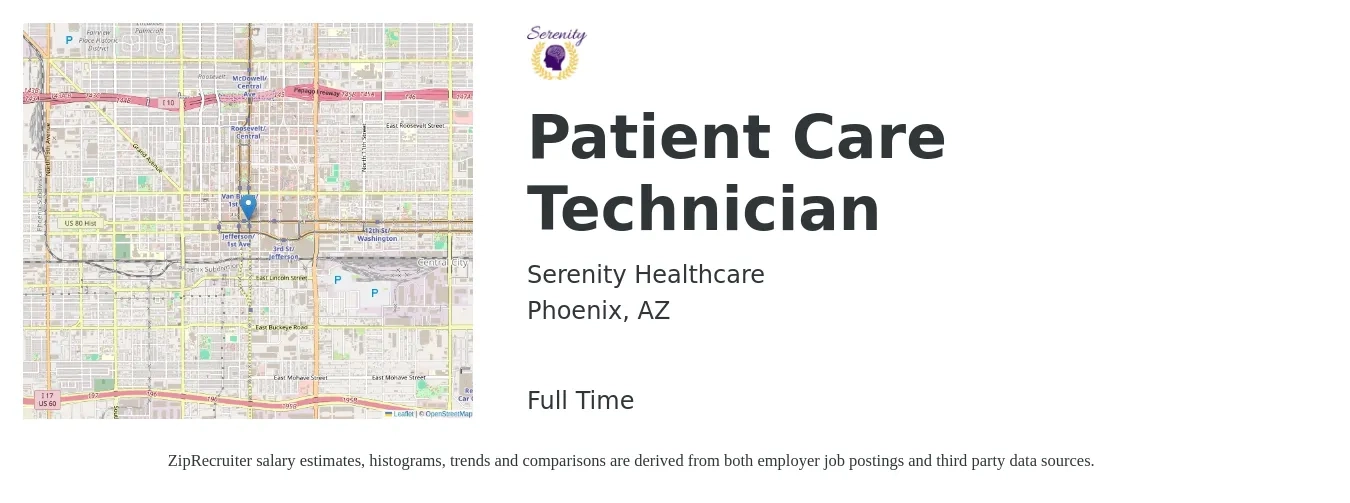Serenity Healthcare job posting for a Patient Care Technician in Phoenix, AZ with a salary of $15 to $20 Hourly with a map of Phoenix location.