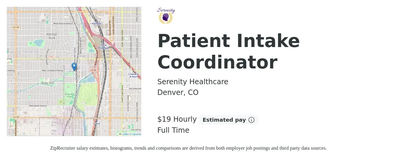 Serenity Healthcare job posting for a Patient Intake Coordinator in Denver, CO with a salary of $22 Hourly with a map of Denver location.