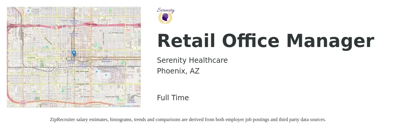 Serenity Healthcare job posting for a Retail Office Manager in Phoenix, AZ with a salary of $23 Hourly with a map of Phoenix location.