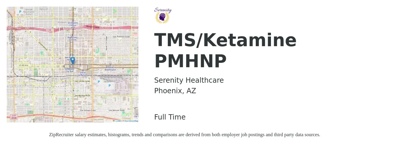 Serenity Healthcare job posting for a TMS/Ketamine PMHNP in Phoenix, AZ with a map of Phoenix location.