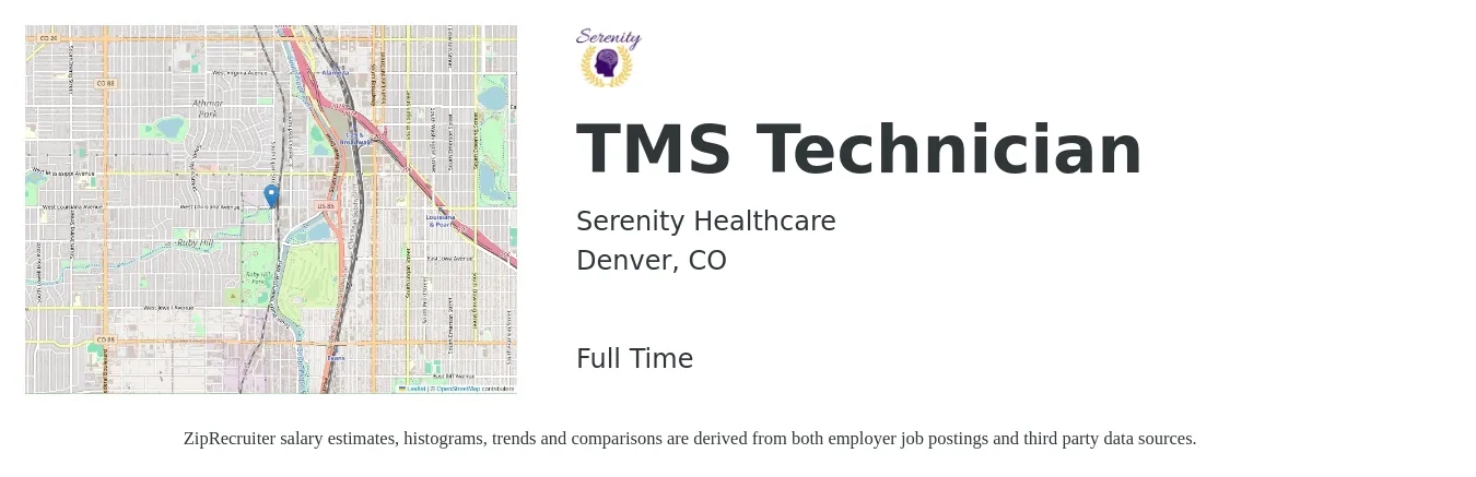 Serenity Healthcare job posting for a TMS Technician in Denver, CO with a salary of $22 Hourly with a map of Denver location.