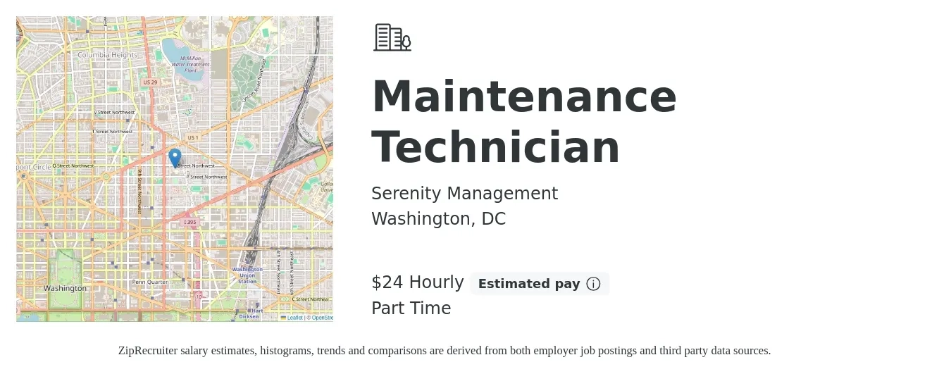 Serenity Management job posting for a Maintenance Technician in Washington, DC with a salary of $25 Hourly with a map of Washington location.