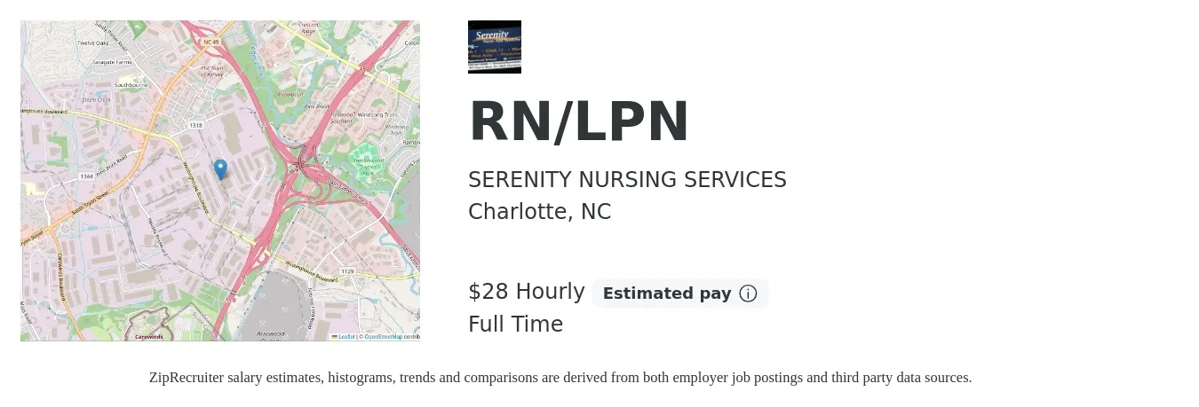 SERENITY NURSING SERVICES job posting for a RN/LPN in Charlotte, NC with a salary of $30 Hourly with a map of Charlotte location.