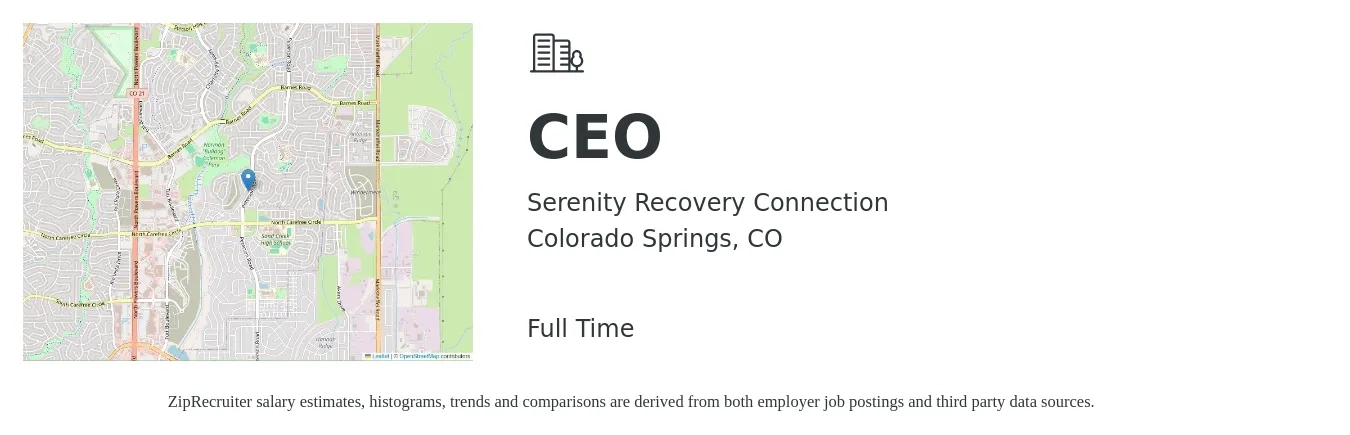 Serenity Recovery Connection job posting for a CEO in Colorado Springs, CO with a salary of $100,000 to $140,000 Yearly with a map of Colorado Springs location.