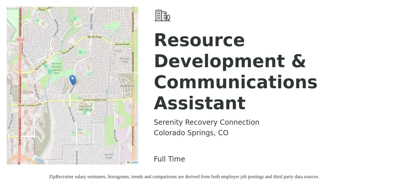 Serenity Recovery Connection job posting for a Resource Development & Communications Assistant in Colorado Springs, CO with a salary of $18 to $22 Hourly with a map of Colorado Springs location.