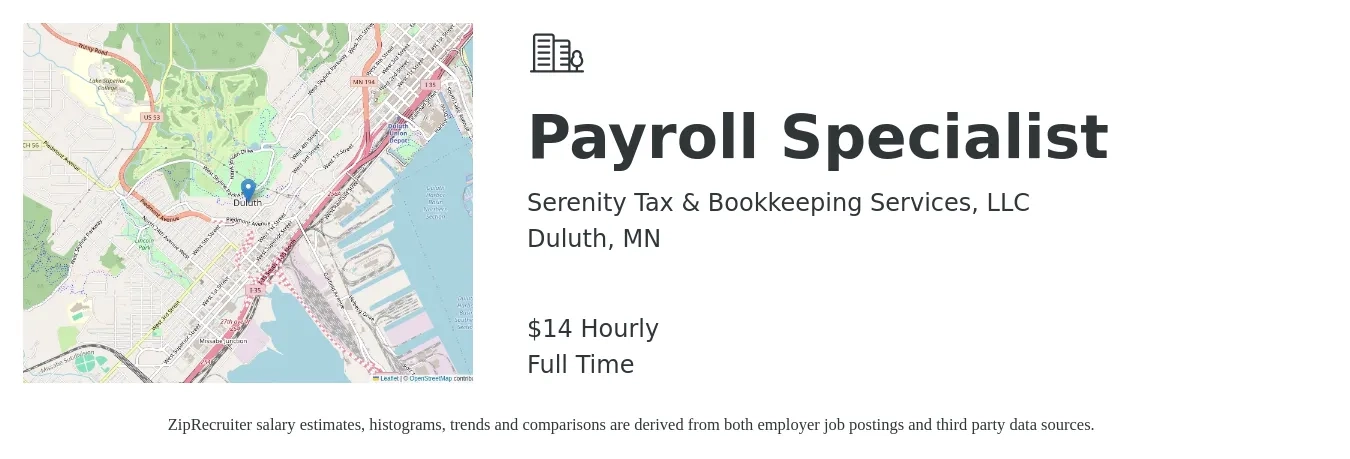 Serenity Tax & Bookkeeping Services, LLC job posting for a Payroll Specialist in Duluth, MN with a salary of $15 Hourly with a map of Duluth location.