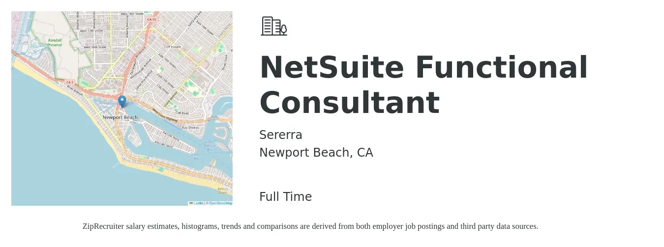 Sererra job posting for a NetSuite Functional Consultant in Newport Beach, CA with a salary of $68 to $95 Hourly with a map of Newport Beach location.
