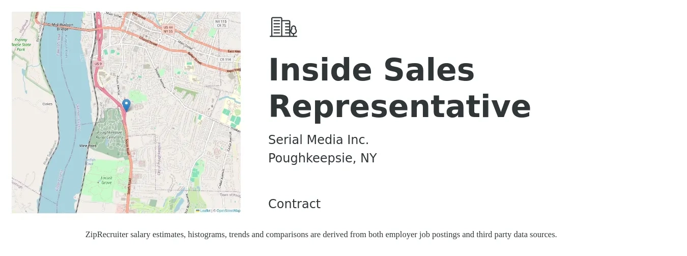 Serial Media Inc. job posting for a Inside Sales Representative in Poughkeepsie, NY with a salary of $39,000 to $58,300 Yearly with a map of Poughkeepsie location.