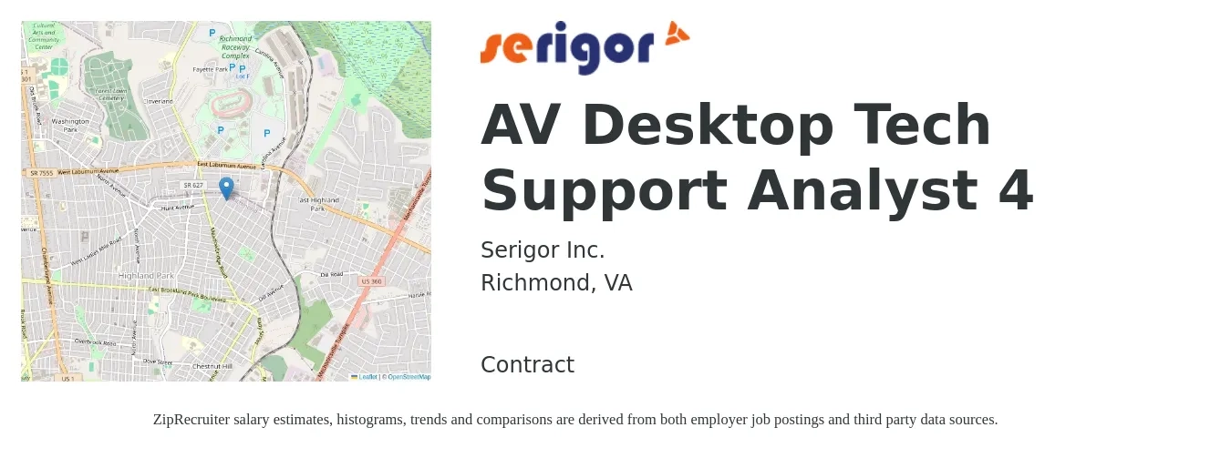 Serigor Inc. job posting for a AV Desktop Tech Support Analyst 4 in Richmond, VA with a salary of $20 to $26 Hourly with a map of Richmond location.