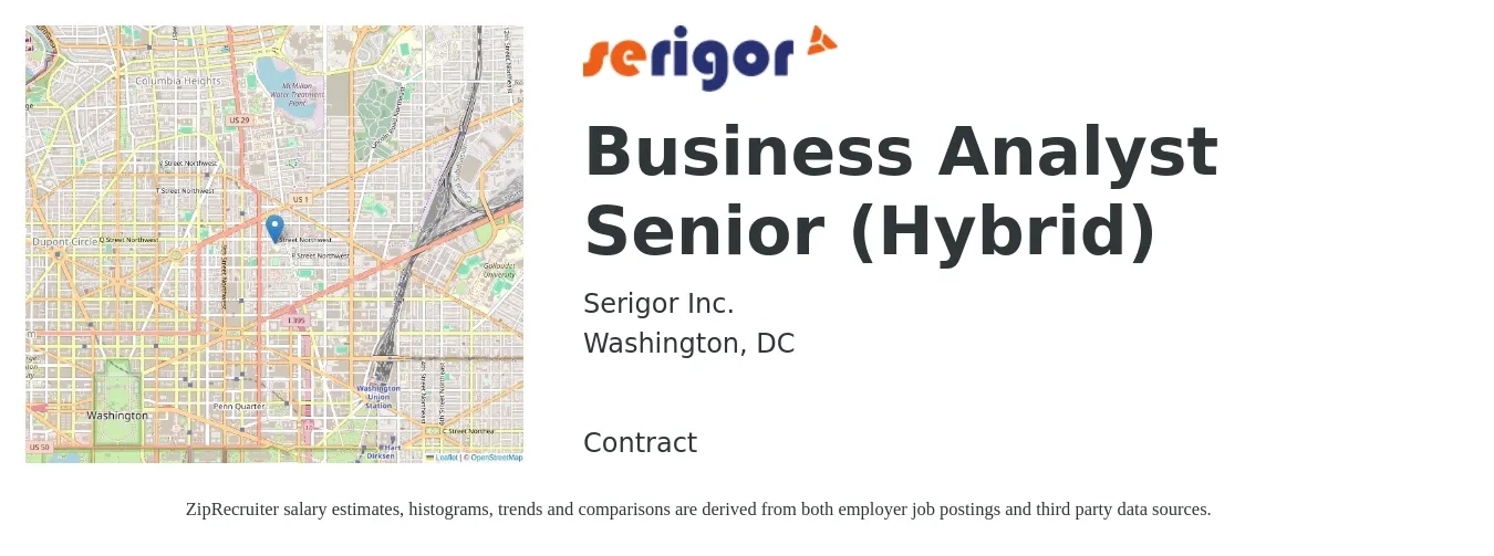 Serigor Inc. job posting for a Business Analyst Senior (Hybrid) in Washington, DC with a salary of $104,400 to $134,800 Yearly with a map of Washington location.
