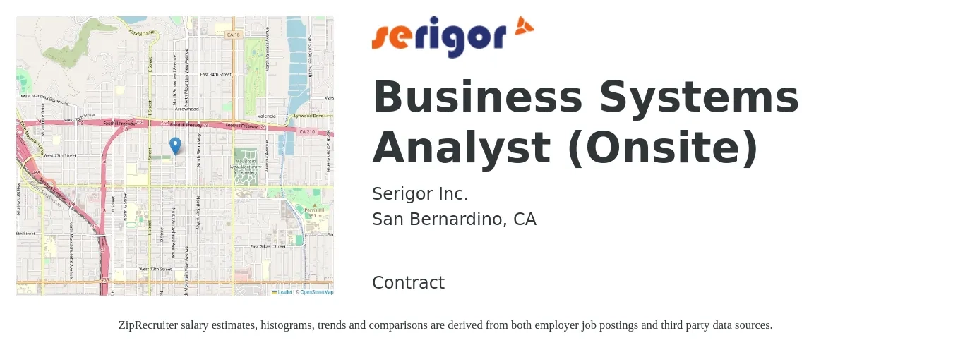 Serigor Inc. job posting for a Business Systems Analyst (Onsite) in San Bernardino, CA with a salary of $42 to $63 Hourly with a map of San Bernardino location.