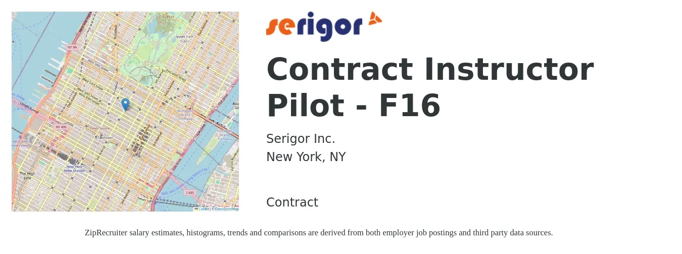 Serigor Inc. job posting for a Contract Instructor Pilot - F16 in New York, NY with a salary of $91,900 to $138,400 Yearly with a map of New York location.