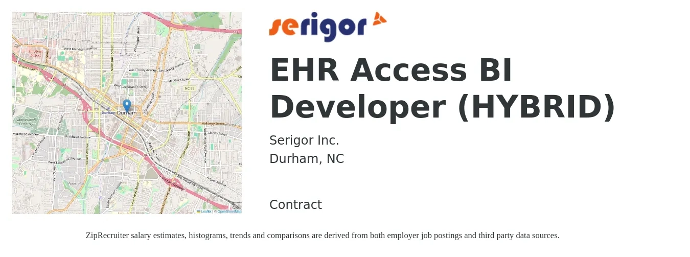 Serigor Inc. job posting for a EHR Access BI Developer (HYBRID) in Durham, NC with a salary of $39 to $53 Hourly with a map of Durham location.