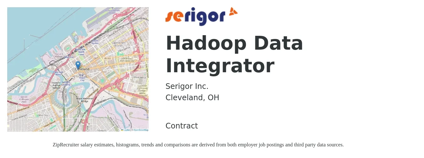 Serigor Inc. job posting for a Hadoop Data Integrator in Cleveland, OH with a salary of $58 to $66 Hourly with a map of Cleveland location.