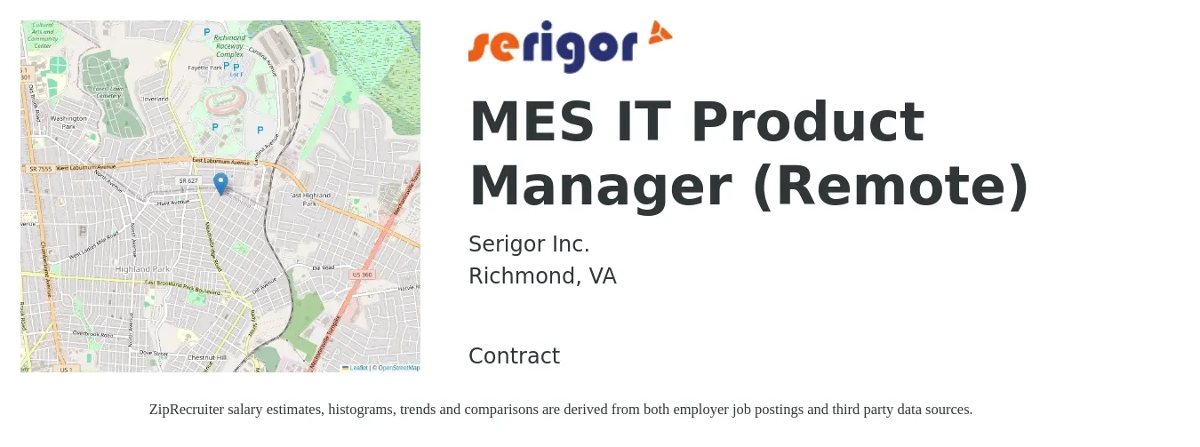Serigor Inc. job posting for a MES IT Product Manager (Remote) in Richmond, VA with a salary of $139,500 to $195,000 Yearly with a map of Richmond location.