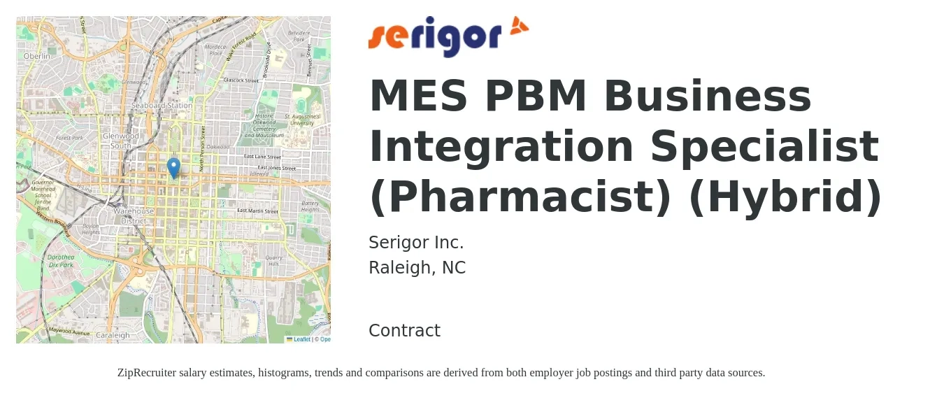 Serigor Inc. job posting for a MES PBM Business Integration Specialist (Pharmacist) (Hybrid) in Raleigh, NC with a map of Raleigh location.