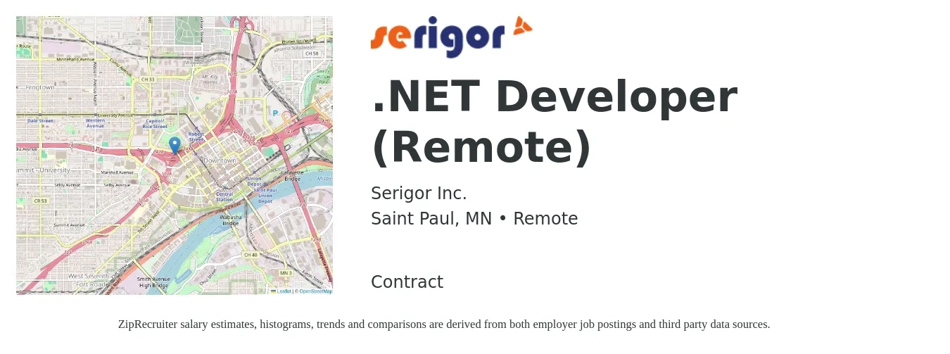 Serigor Inc. job posting for a .NET Developer (Remote) in Saint Paul, MN with a salary of $107,200 to $158,800 Yearly with a map of Saint Paul location.