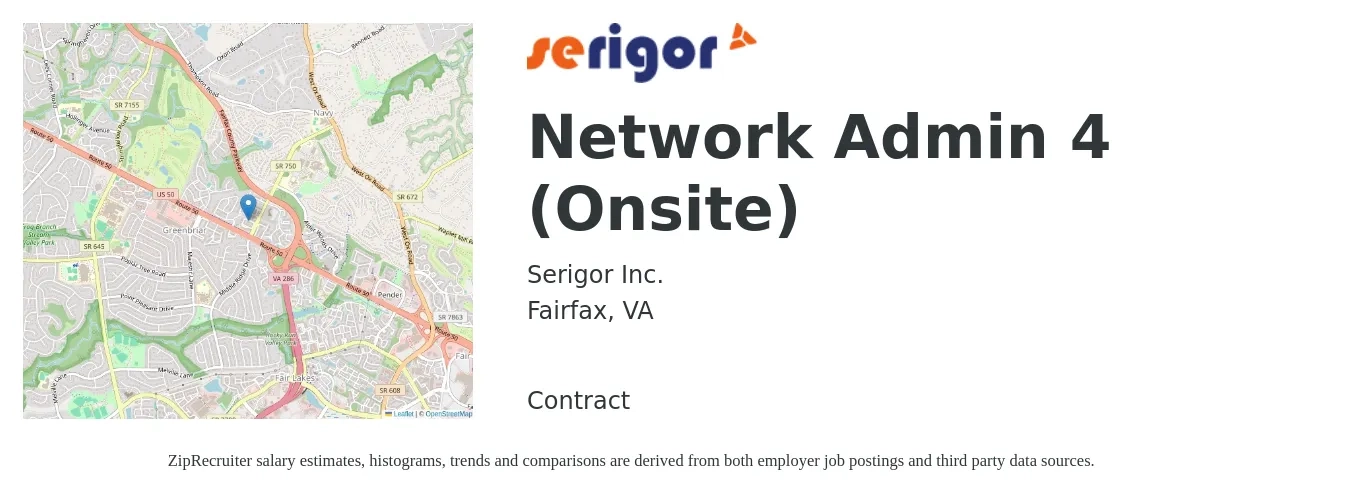 Serigor Inc. job posting for a Network Admin 4 (Onsite) in Fairfax, VA with a salary of $67,000 to $95,600 Yearly with a map of Fairfax location.