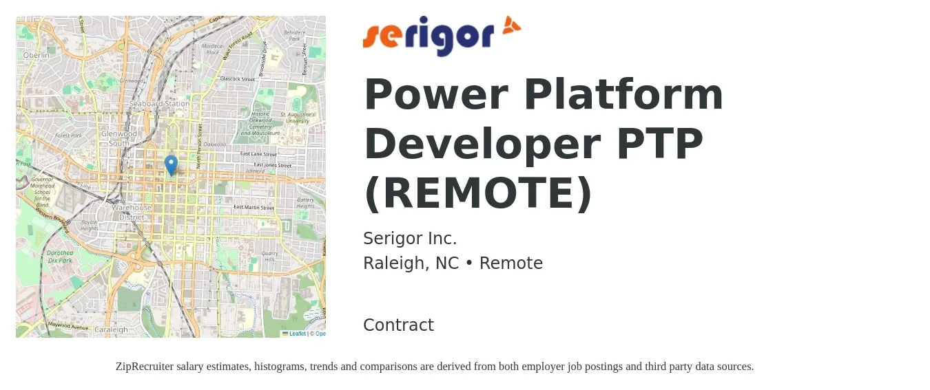 Serigor Inc. job posting for a Power Platform Developer PTP (REMOTE) in Raleigh, NC with a salary of $105,500 to $129,300 Yearly with a map of Raleigh location.