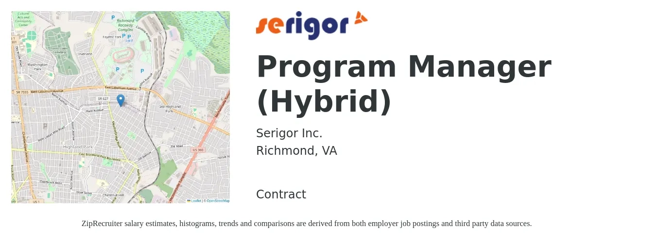 Serigor Inc. job posting for a Program Manager (Hybrid) in Richmond, VA with a salary of $78,700 to $131,100 Yearly with a map of Richmond location.