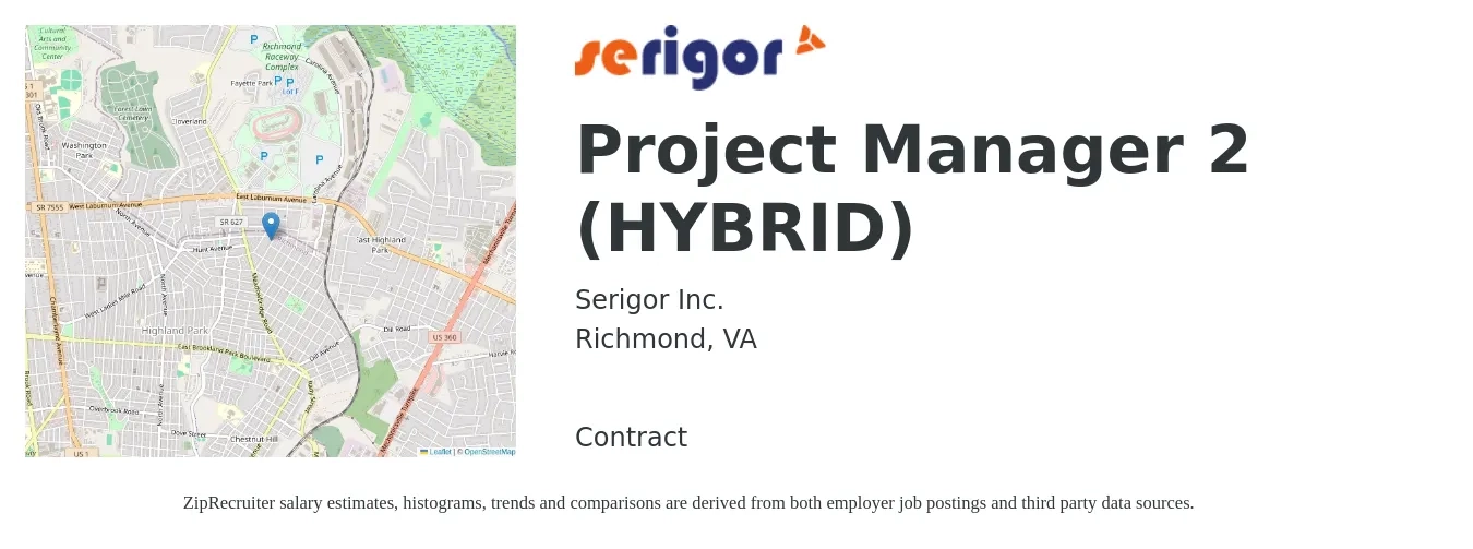 Serigor Inc. job posting for a Project Manager 2 (HYBRID) in Richmond, VA with a salary of $77,700 to $121,700 Yearly with a map of Richmond location.
