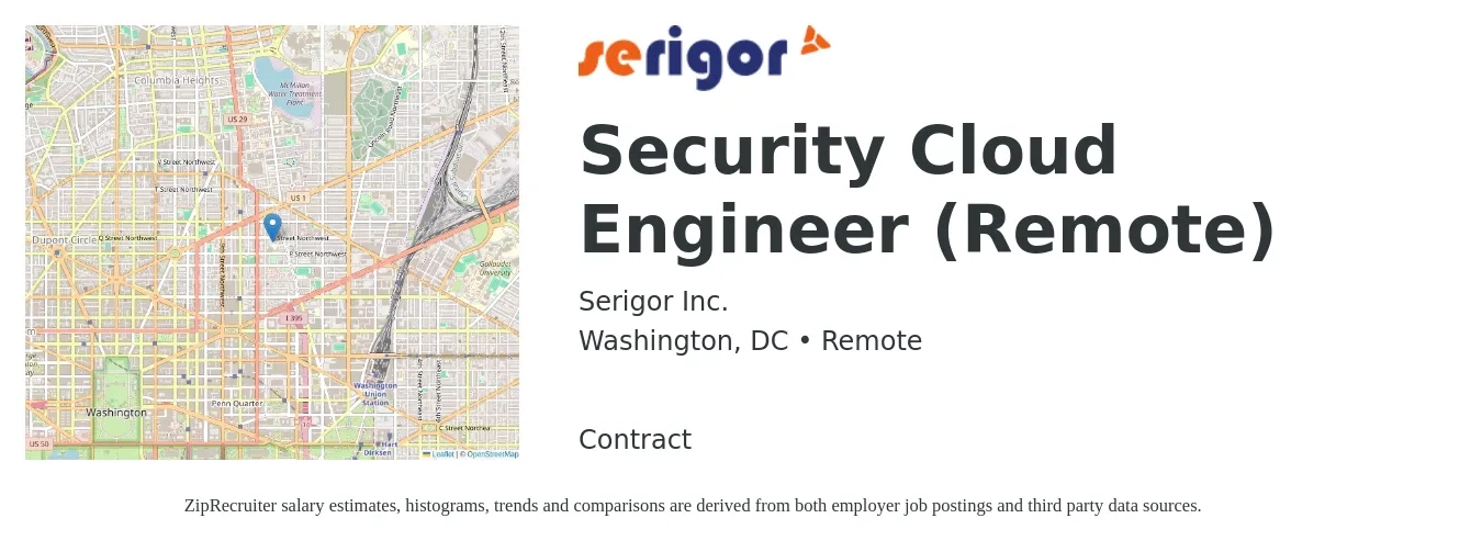 Serigor Inc. job posting for a Security Cloud Engineer (Remote) in Washington, DC with a salary of $161,400 to $178,800 Yearly with a map of Washington location.