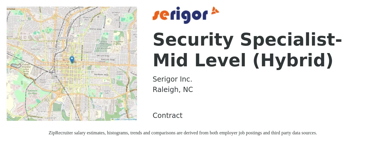 Serigor Inc. job posting for a Security Specialist- Mid Level (Hybrid) in Raleigh, NC with a salary of $51,500 to $96,700 Yearly with a map of Raleigh location.