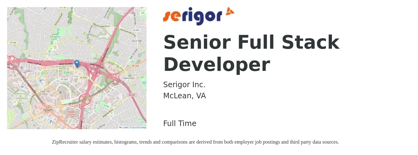 Serigor Inc. job posting for a Senior Full Stack Developer in McLean, VA with a salary of $52 to $72 Hourly with a map of McLean location.