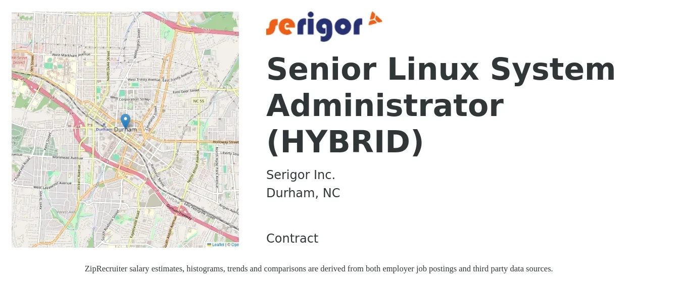 Serigor Inc. job posting for a Senior Linux System Administrator (Hybrid) in Durham, NC with a salary of $103,400 to $144,900 Yearly with a map of Durham location.