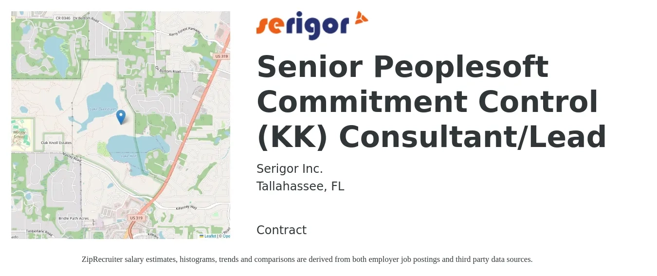 Serigor Inc. job posting for a Senior Peoplesoft Commitment Control (KK) Consultant/Lead in Tallahassee, FL with a salary of $83,100 to $131,100 Yearly with a map of Tallahassee location.