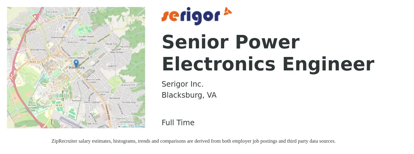 Serigor Inc. job posting for a Senior Power Electronics Engineer in Blacksburg, VA with a salary of $94,300 to $116,200 Yearly with a map of Blacksburg location.