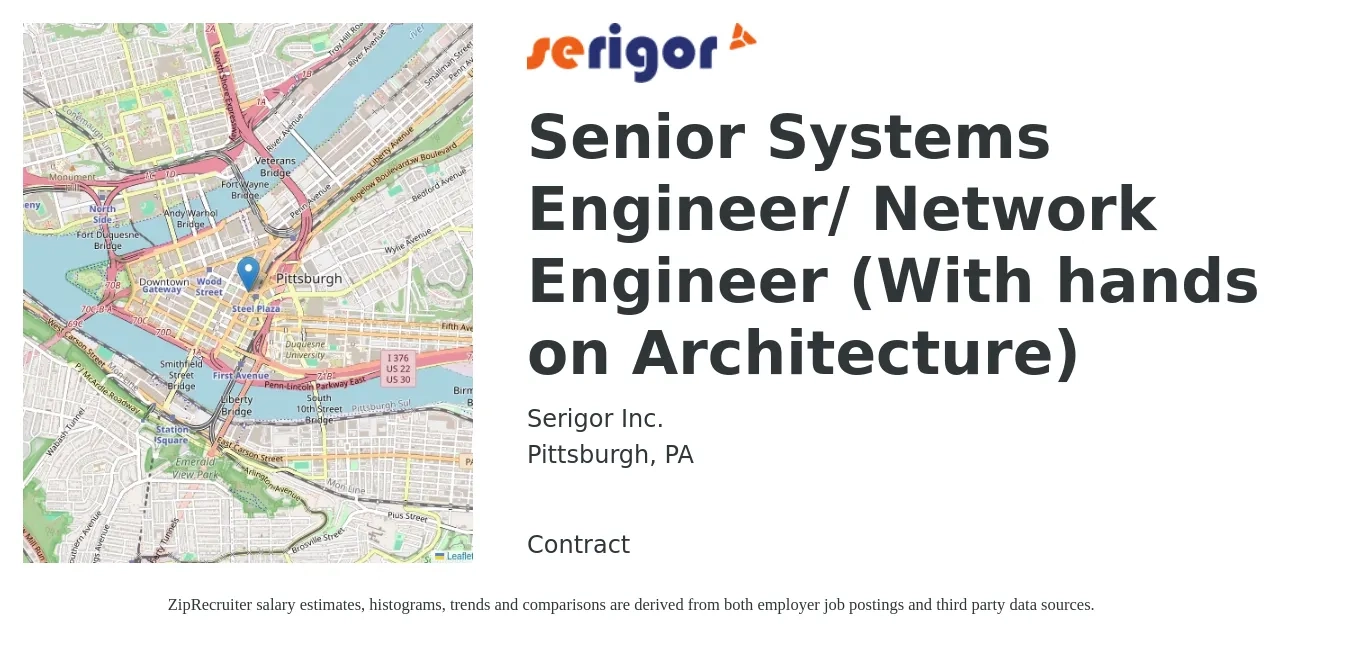 Serigor Inc. job posting for a Senior Systems Engineer/ Network Engineer (With hands on Architecture) in Pittsburgh, PA with a salary of $101,000 to $138,300 Yearly with a map of Pittsburgh location.