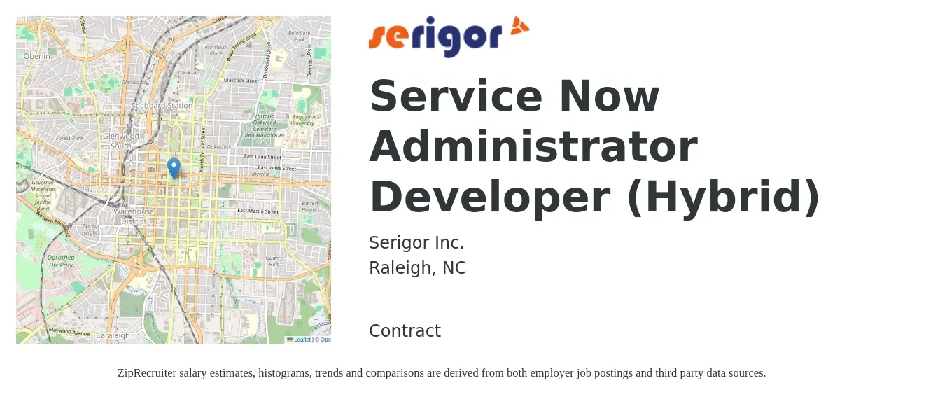 Serigor Inc. job posting for a Service Now Administrator Developer (Hybrid) in Raleigh, NC with a map of Raleigh location.