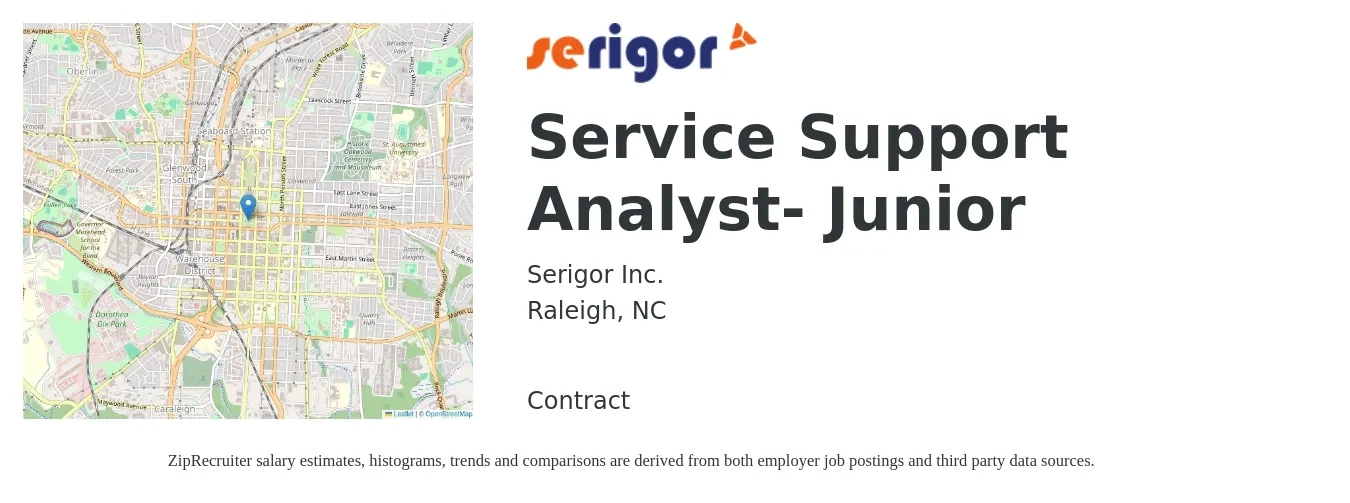 Serigor Inc. job posting for a Service Support Analyst- Junior in Raleigh, NC with a salary of $23 to $36 Hourly with a map of Raleigh location.