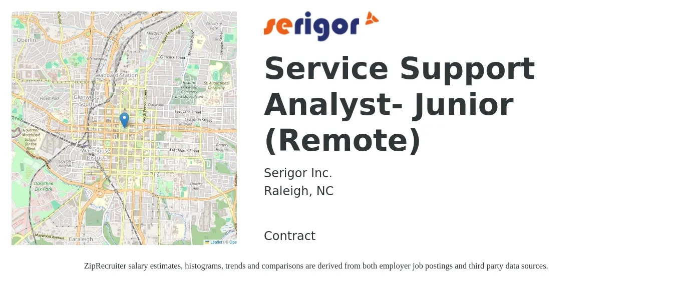 Serigor Inc. job posting for a Service Support Analyst- Junior (Remote) in Raleigh, NC with a salary of $23 to $36 Hourly with a map of Raleigh location.