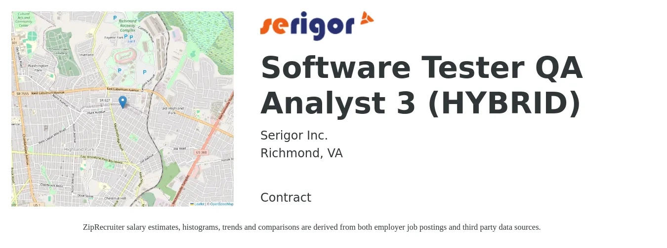 Serigor Inc. job posting for a Software Tester QA Analyst 3 (HYBRID) in Richmond, VA with a salary of $29 to $51 Hourly with a map of Richmond location.