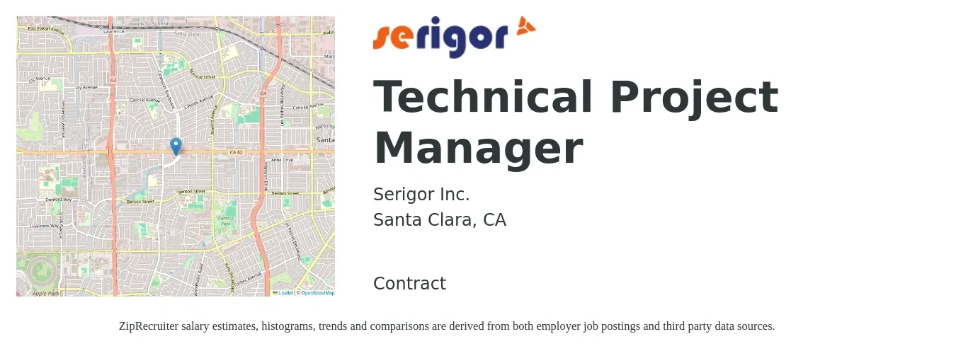 Serigor Inc. job posting for a Technical Project Manager in Santa Clara, CA with a salary of $112,700 to $158,000 Yearly with a map of Santa Clara location.