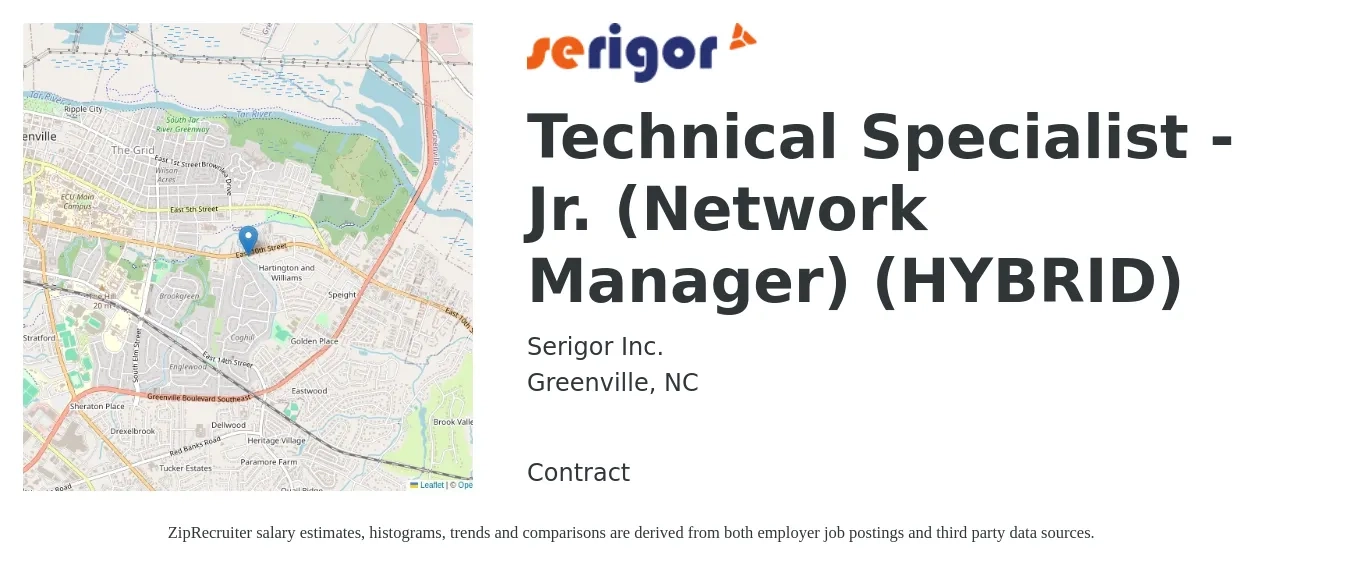 Serigor Inc. job posting for a Technical Specialist - Jr. (Network Manager) (HYBRID) in Greenville, NC with a salary of $106,800 Yearly with a map of Greenville location.