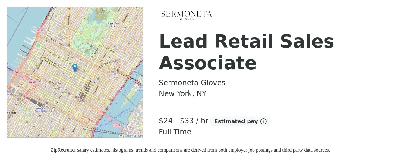 Sermoneta Gloves job posting for a Lead Retail Sales Associate in New York, NY with a salary of $25 to $35 Hourly (plus commission) with a map of New York location.