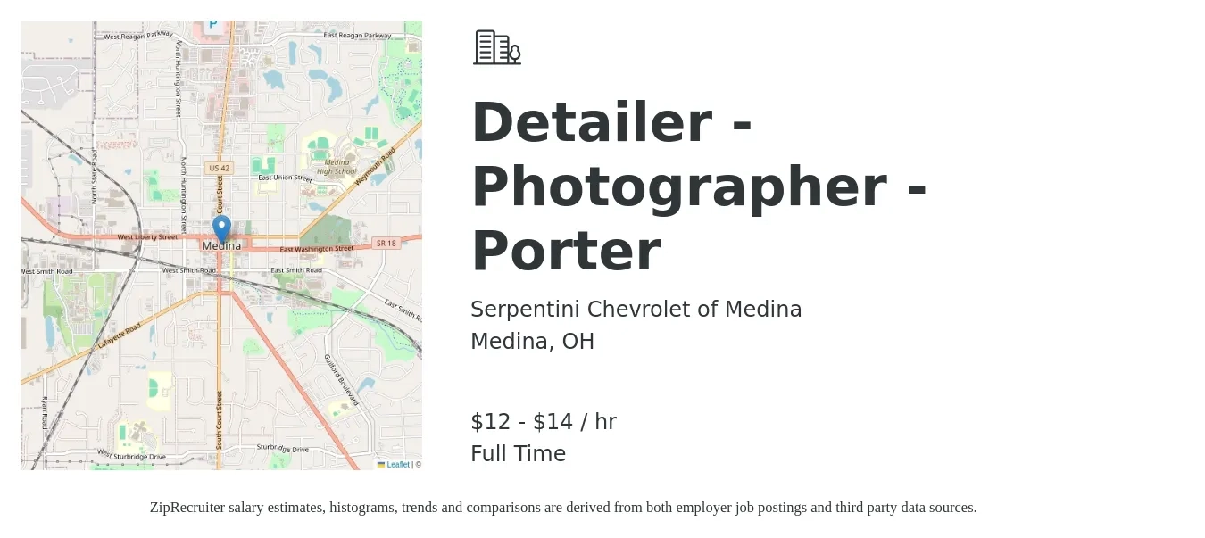 Serpentini Chevrolet of Medina job posting for a Detailer - Photographer - Porter in Medina, OH with a salary of $13 to $15 Hourly with a map of Medina location.