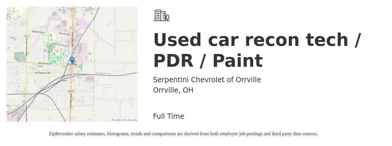 Serpentini Chevrolet of Orrville job posting for a Used car recon tech / PDR / Paint in Orrville, OH with a salary of $17 to $22 Hourly with a map of Orrville location.