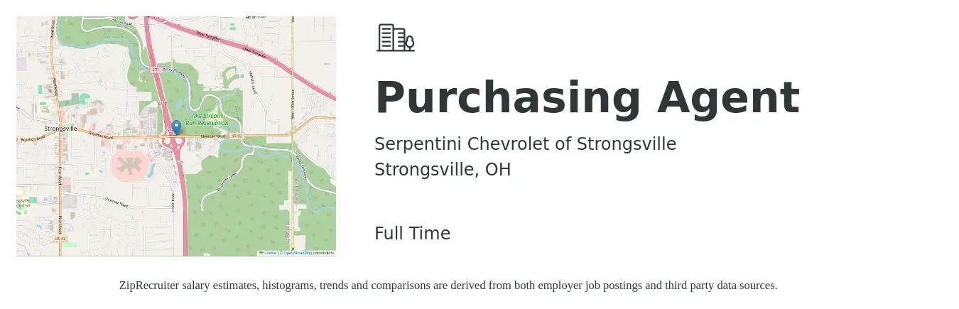 Serpentini Chevrolet of Strongsville job posting for a Purchasing Agent in Strongsville, OH with a salary of $39,700 to $55,400 Yearly with a map of Strongsville location.