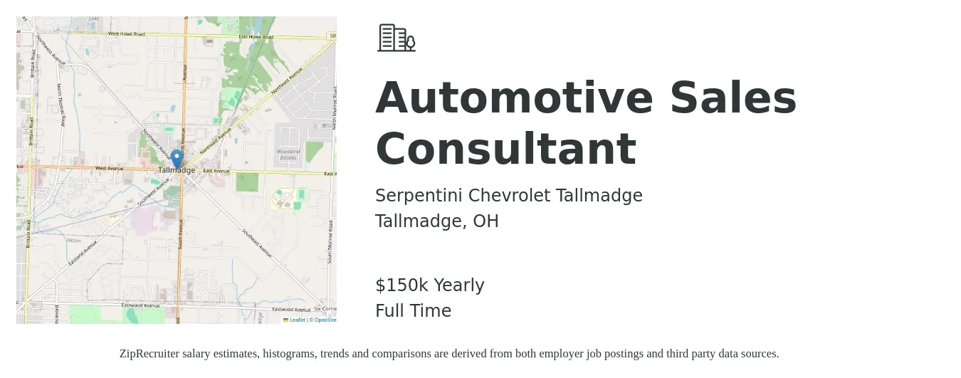 Serpentini Chevrolet Tallmadge job posting for a Automotive Sales Consultant in Tallmadge, OH with a salary of $150,000 Yearly with a map of Tallmadge location.
