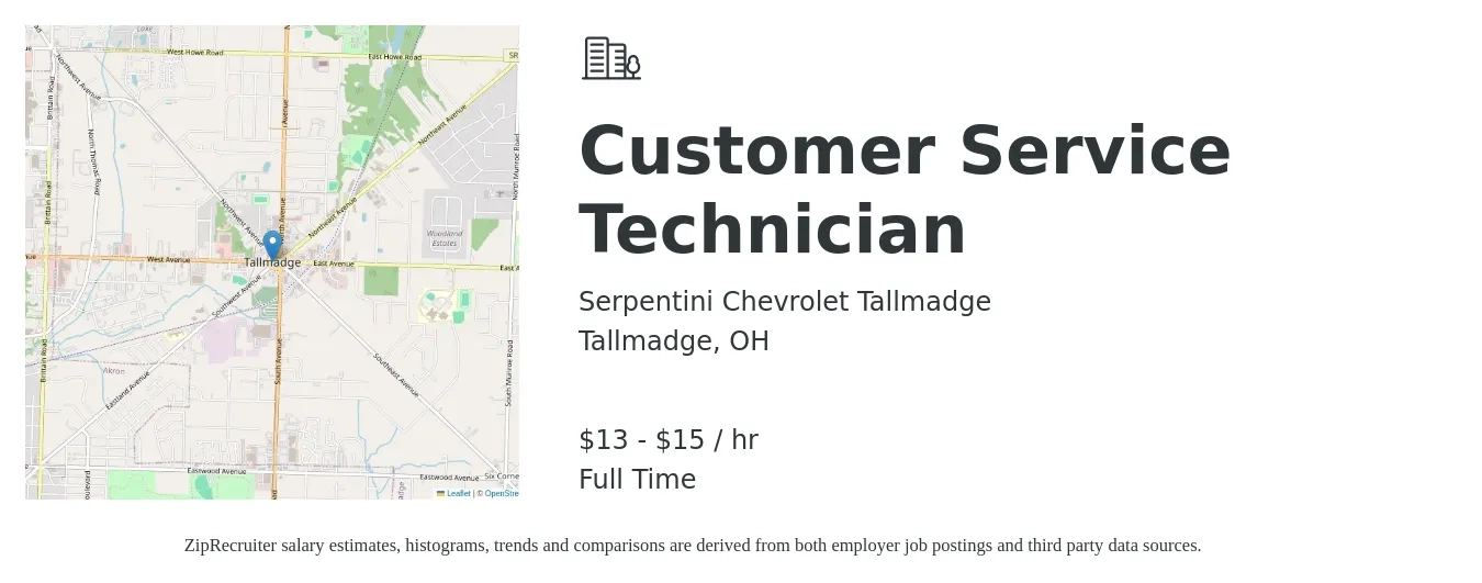 Serpentini Chevrolet Tallmadge job posting for a Customer Service Technician in Tallmadge, OH with a salary of $14 to $16 Hourly with a map of Tallmadge location.