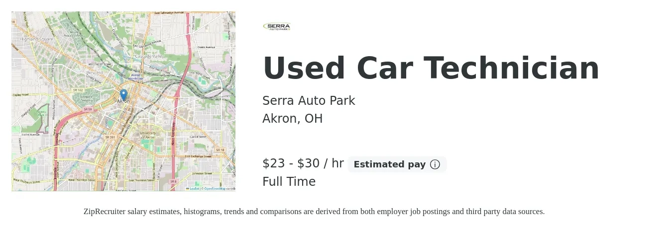 Serra Auto Park job posting for a Used Car Technician in Akron, OH with a salary of $24 to $32 Hourly with a map of Akron location.