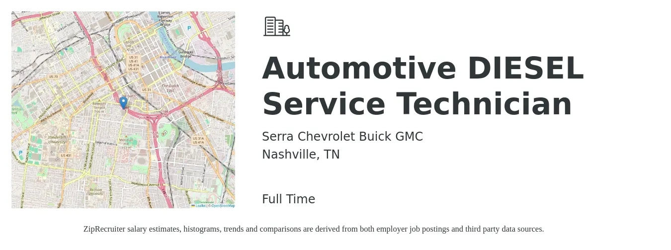 Serra Chevrolet Buick GMC job posting for a Automotive DIESEL Service Technician in Nashville, TN with a salary of $3,000 Monthly with a map of Nashville location.