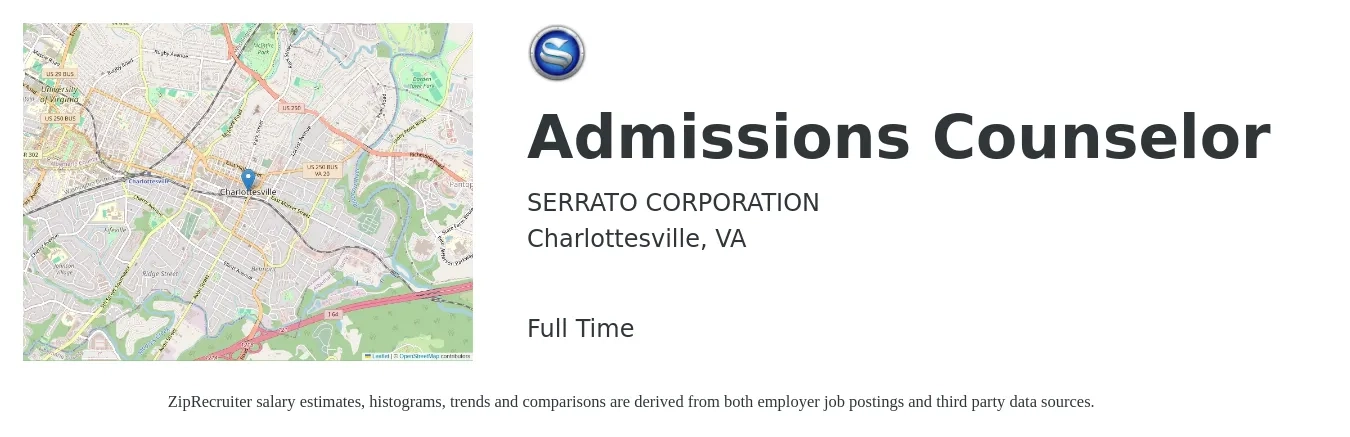 SERRATO CORPORATION job posting for a Admissions Counselor in Charlottesville, VA with a salary of $38,200 to $51,600 Yearly with a map of Charlottesville location.