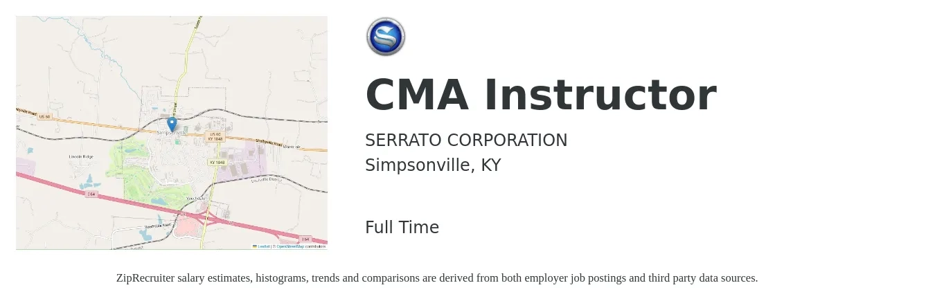 SERRATO CORPORATION job posting for a CMA Instructor in Simpsonville, KY with a salary of $19 to $27 Hourly with a map of Simpsonville location.