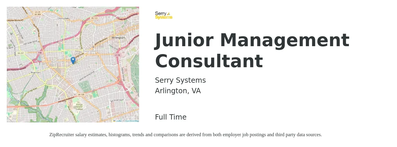 Serry Systems job posting for a Junior Management Consultant in Arlington, VA with a salary of $41,500 to $66,300 Yearly with a map of Arlington location.
