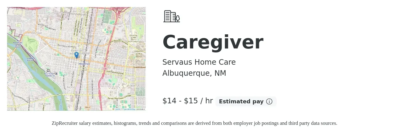 Servaus Home Care job posting for a Caregiver in Albuquerque, NM with a salary of $15 to $16 Hourly with a map of Albuquerque location.
